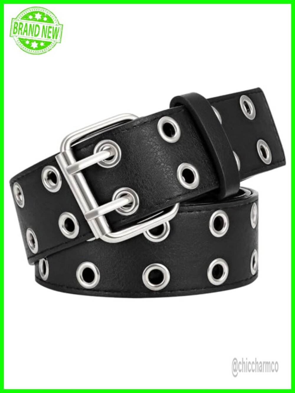 Double Grommet PU Leather Belt Punk Metal Jean Belt Wide Adjustable